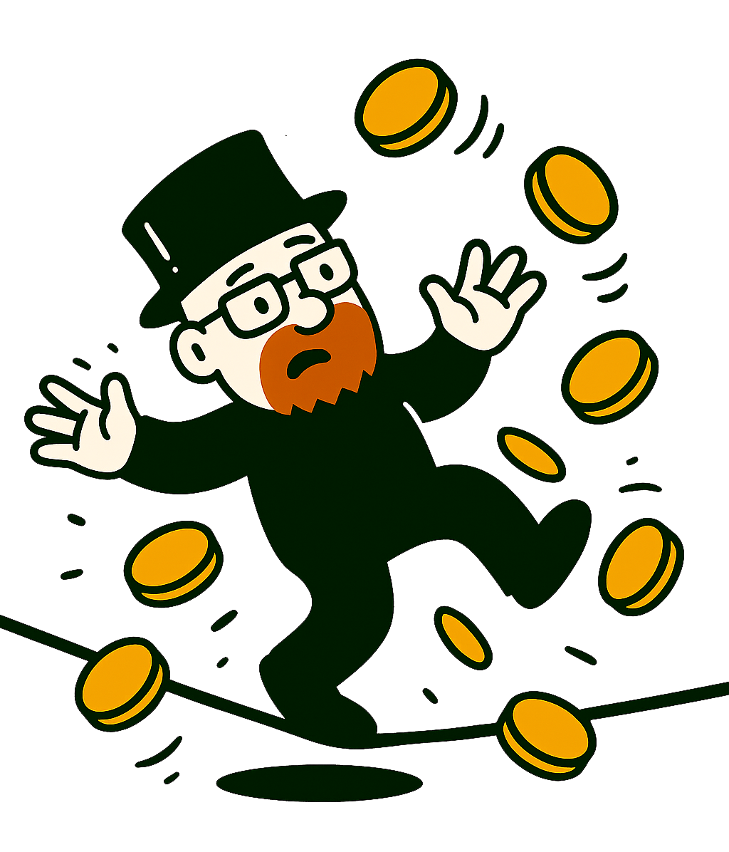 Oscar on a tightrope surrounded by coins